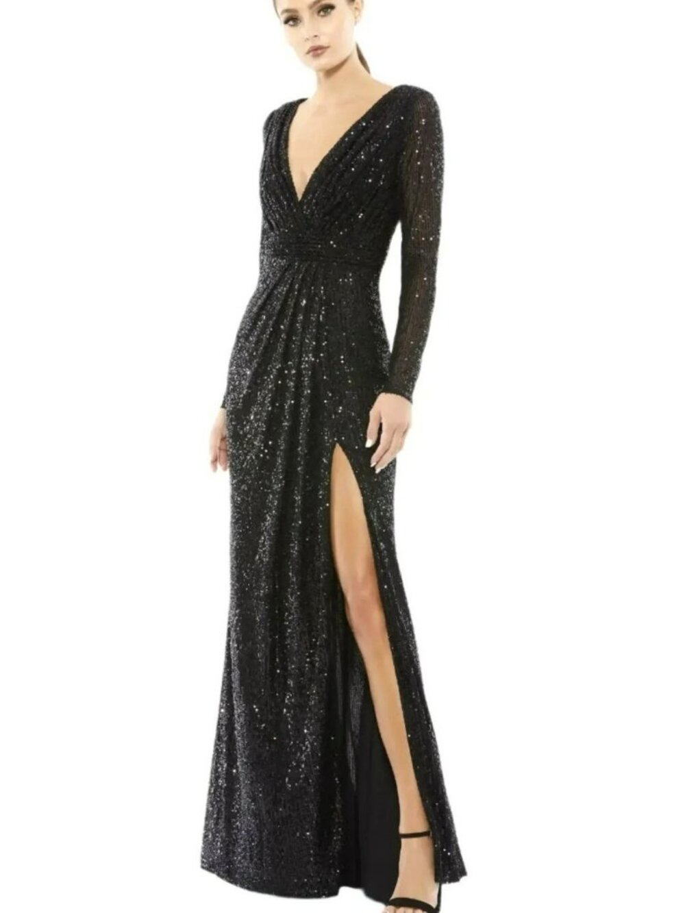 Mac Duggal Black Sequined Long Sleeve Gown Maxi Dress Sz 16 New